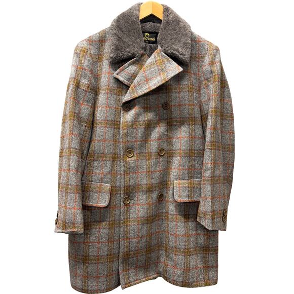 Vintage Zero King Coat Mens 38 Wool Faux Fur Lined Gray Orange Plaid Made in USA - Picture 1 of 8